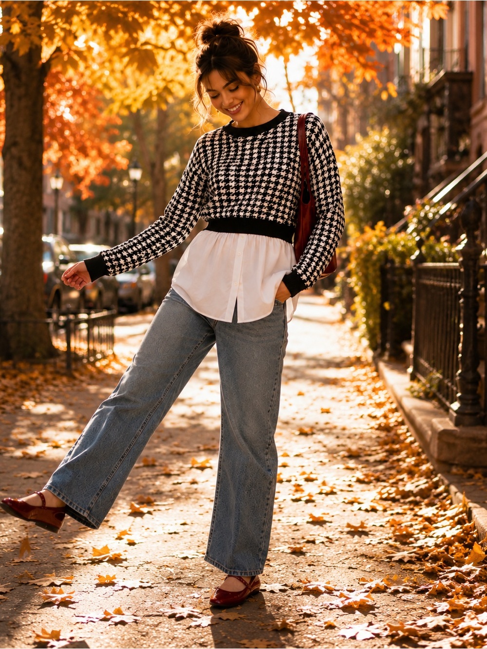 Joie Houndstooth Layered Mixed-Media Sweater